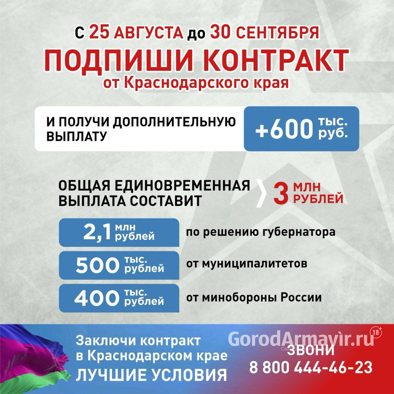 На Кубани с 25 августа до 30 сентября заключившие контракт военные получат 3 млн руб